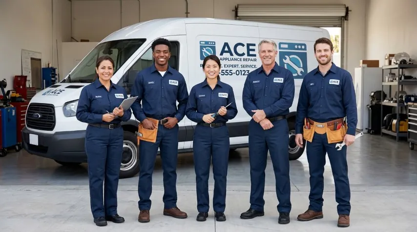 The Appliance Repair Hero technician team standing by a branded service van