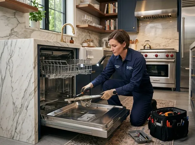 Appliance Repair Hero technician servicing a built-in dishwasher in a Alton, VA kitchen