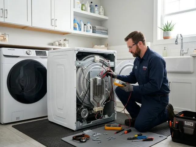 Appliance Repair Hero technician checking a dryer heating element with the rear panel off in Alton, VA