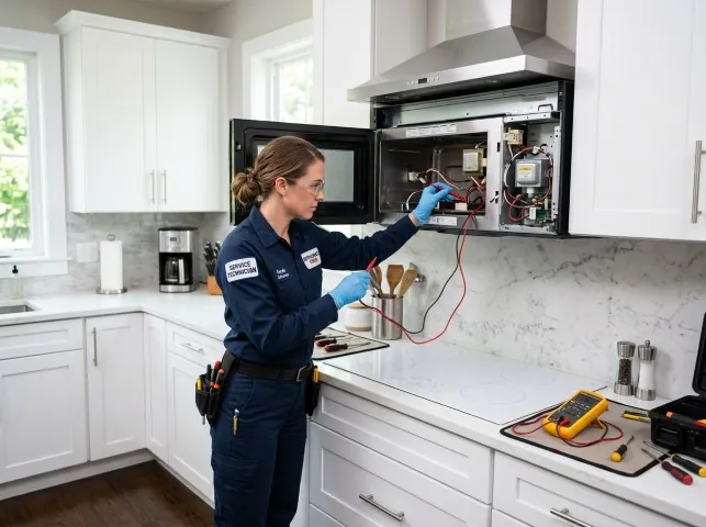 Appliance Repair Hero technician testing an over-the-range microwave in a Alton, VA kitchen