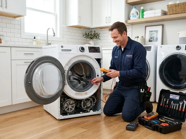 Appliance Repair Hero technician testing a front-load washer with a multimeter on a Alton, VA service call